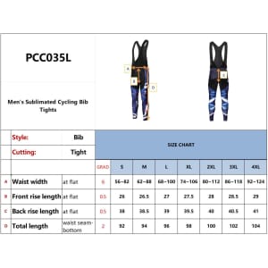 Men's cycling bib tights featuring a blue and black sublimated design, with adjustable straps and a size chart.
