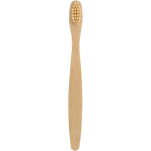 A small bamboo toothbrush with a light brown handle and bristles at one end, featuring a simple design.