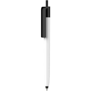 A push button pen with a creamy white barrel and a black clip. Features a branding logo.