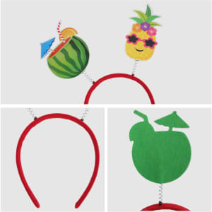 A red headband with spring attachments featuring a watermelon drink and a pineapple with sunglasses.