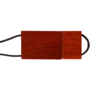 A wooden string flash drive in rich brown tones, featuring a simple rectangular design and a cord for attachment.