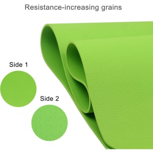 A green TPE yoga mat displaying two textured sides for grip, featuring a logo in one corner.