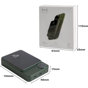 A green 10000mAh magnetic wireless power bank alongside its packaging, featuring various ports and a logo.