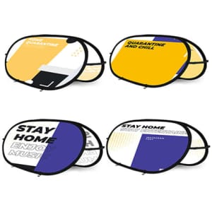 Four small horizontal pop-up banners in yellow and blue with various promotional messages and a logo.