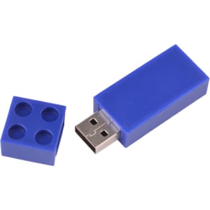 A blue stackable brick flash drive with four indents on the removable cover, featuring a USB connector.