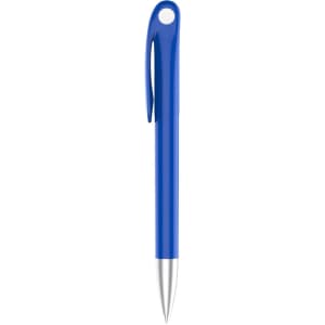 A blue plastic pen with a silver tip and a loop on the cap. It features a logo on the barrel.