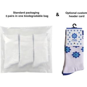 Crew woven work socks with a towel bottom, featuring a blue and white design, packaged in a biodegradable bag.