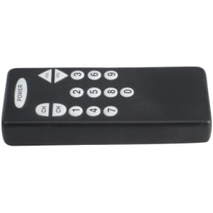 A black remote control shape stress reliever with numbered buttons and directional arrows, featuring a logo.