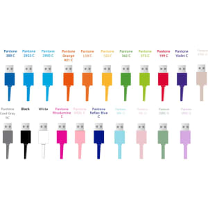 A selection of charging cables in various colours, including black, white, and vibrant shades, each with a keyring attachment.