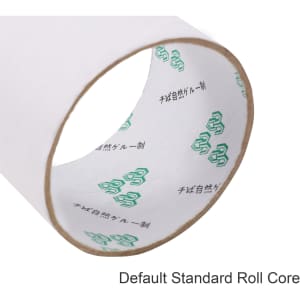 A roll of BOPP packaging tape with a standard cardboard core, featuring a plain white exterior and logo design inside.