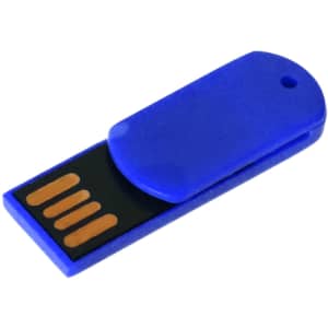 A blue paper clip-shaped flash drive with a sliding cover and a small logo.