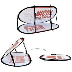 Oval-shaped pop-up banner in red and white with a black frame, displaying a promotional design. Features a logo.