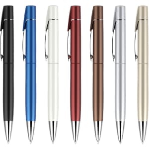 A collection of eight Lucky Pens featuring various sprayed finishes in black, blue, white, red, brown, silver, and gold colours.