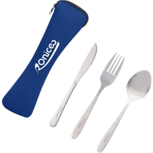 A blue zippered case containing three stainless steel utensils: a knife, fork, and spoon.