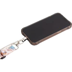 An adjustable sublimation phone lanyard featuring a colourful patterned strap attached to a smartphone.