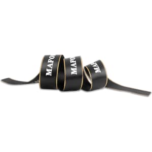 A black ribbon with gold edges, featuring a logo, displayed in a coiled arrangement.