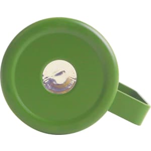 A coloured stainless steel mug in green with a handle and a circular base, featuring a logo.