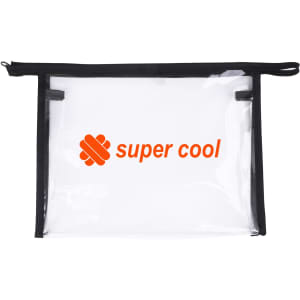A clear PVC cosmetic bag with black trim and a logo in orange. Suitable for toiletries or accessories.