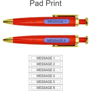 A red pen with gold accents featuring spinning message displays. Includes an unlabelled branding logo.