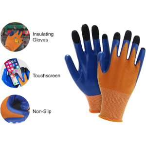 A pair of blue and orange insulating gloves designed for touchscreen use, featuring non-slip grips.