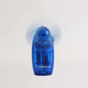 A transparent blue handheld fan with a compact design and visible internal components, featuring a logo.