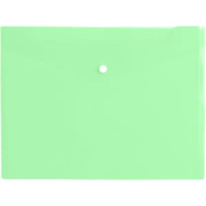 A4 clear file envelope in light green, featuring a button closure and an embossed logo.