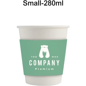 A white, compostable paper cup with a green sleeve and a logo, containing 280ml.