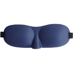 A dark blue cushioned eye mask with a contoured shape and adjustable straps. It features a logo.