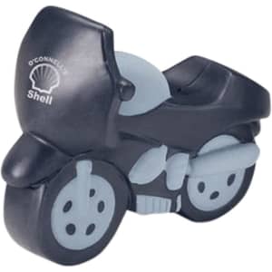 A black and grey motorcycle-shaped stress reliever, featuring a logo on the side.