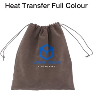 A drawstring pouch in a grey colour, featuring a logo and branding on the front.