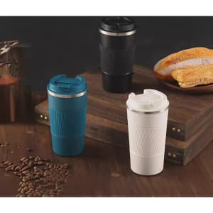 A drink bottle set featuring stainless steel travel mugs in blue, black, and white, with a textured design and lids.