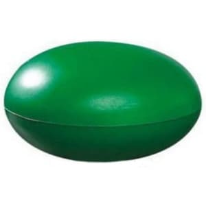 A green tablet-shaped stress reliever with a smooth finish and a subtle sheen. It features a logo on the side.