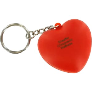 A red heart-shaped stress reliever keyring attached to a silver keychain, featuring a logo.