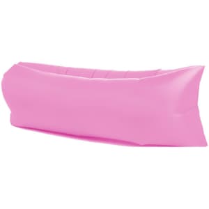 An inflatable lazy bed in bright pink, with a smooth surface and a simple design. Features branding on one side.