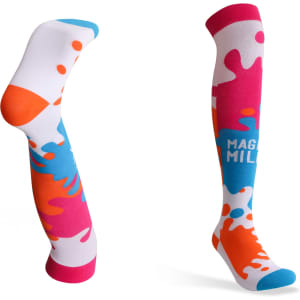 Knee high socks featuring a vibrant splash pattern in blue, pink, orange, and white, with a logo on one sock.