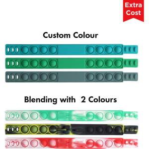 Fidget wristbands in various colours, including teal, green, and red, featuring a logo.