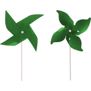 Two green four-leaf pinwheels on white sticks, featuring a simple design with a central spinning pin.