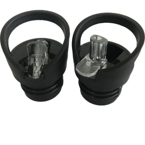 A drink bottle lid set featuring a flip valve design, primarily in black with clear components. Includes a branding logo.