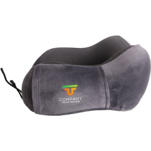 A grey U-shaped memory foam travel pillow with a textured surface and a logo. Suitable for leisure activities.