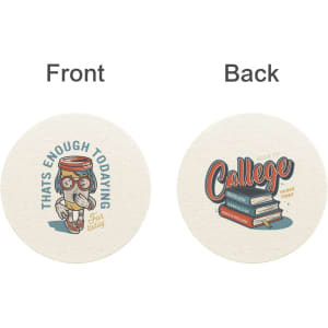A round absorbent paper coaster featuring playful illustrations and text in colours of cream, blue, and orange.
