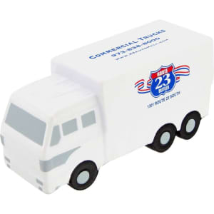 A white stress reliever shaped like a delivery van, featuring black wheels and a simple design.