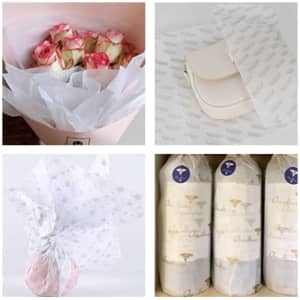 Kraft paper in various designs and uses, featuring floral arrangements and gift packaging in soft white and patterned prints.
