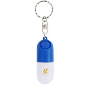A blue and white pill capsule keychain featuring a silver keyring and a logo.