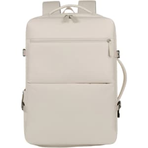An expandable travel backpack in a neutral beige colour with multiple zippered compartments and a branding logo.