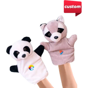 Two plush hand puppets, one black-and-white panda and one grey raccoon, featuring colourful logos.