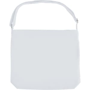 A white canvas tote bag with a long strap and a simple design. It features a logo on one side.
