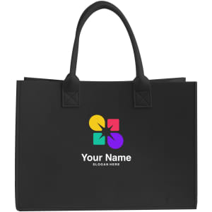 A black felt tote bag featuring a colourful logo and placeholder text for a name and slogan.