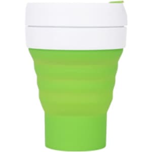 A drink bottle features a bright green collapsible silicon design with a white lid and branding element.