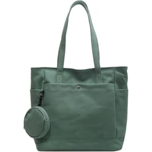 A casual canvas bag in green with two handles and a removable round pouch attached.
