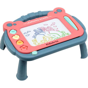 A magnetic drawing board with a blue and coral design, featuring a stand and colourful buttons.